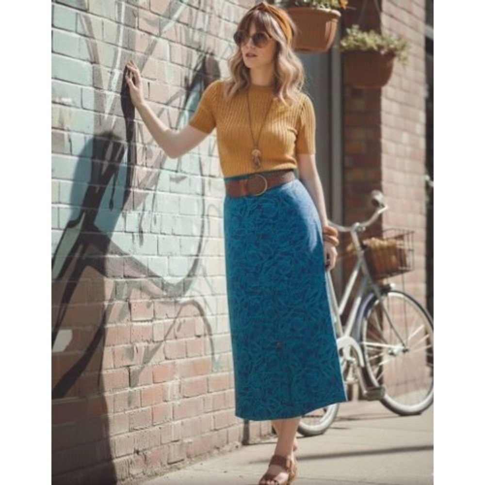 Doncaster Vintage‎ Blue Green Swirl Print Button Front Midi Skirt Womens Size 12